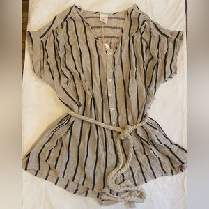 Coastal Cream Black Stripe Romper with Rope Waist Tie